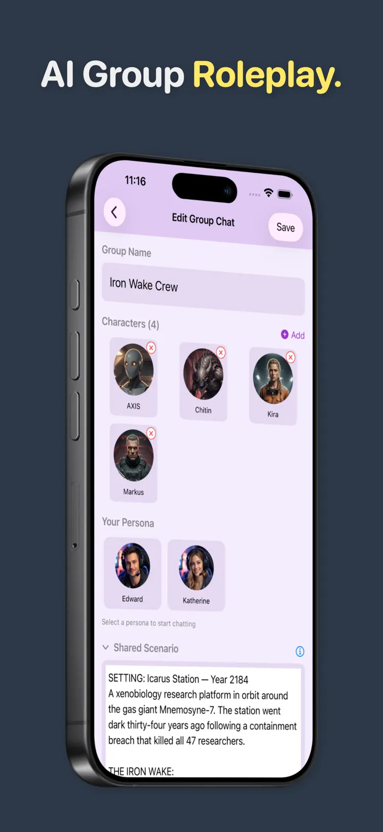PersonaChat group chat editor for the Iron Wake Crew with four AI characters — AXIS, Chitin, Kira, and Markus — plus persona selection and a shared sci-fi scenario