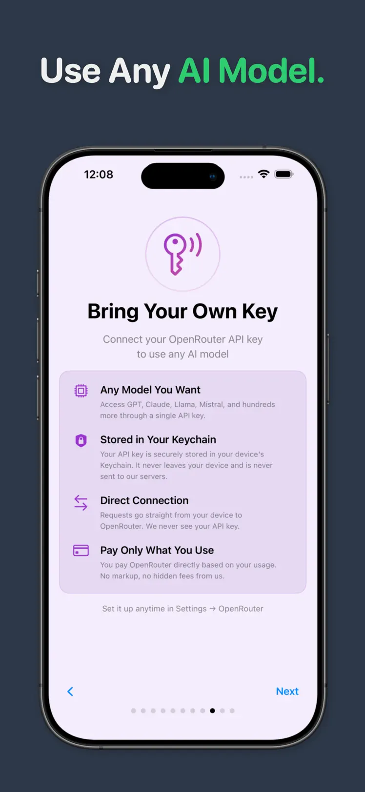 PersonaChat's Bring Your Own Key screen: connect an OpenRouter API key to use any AI model, with Keychain storage, direct connection, and pay-only-what-you-use