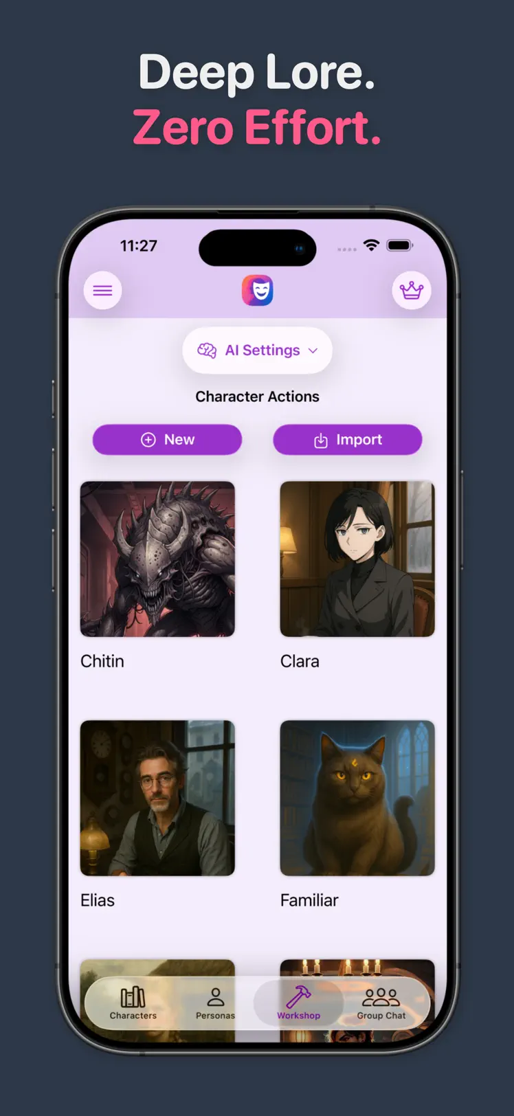 PersonaChat Character Workshop showing New and Import buttons above a grid of custom AI characters including a monster, a detective, and a magical cat