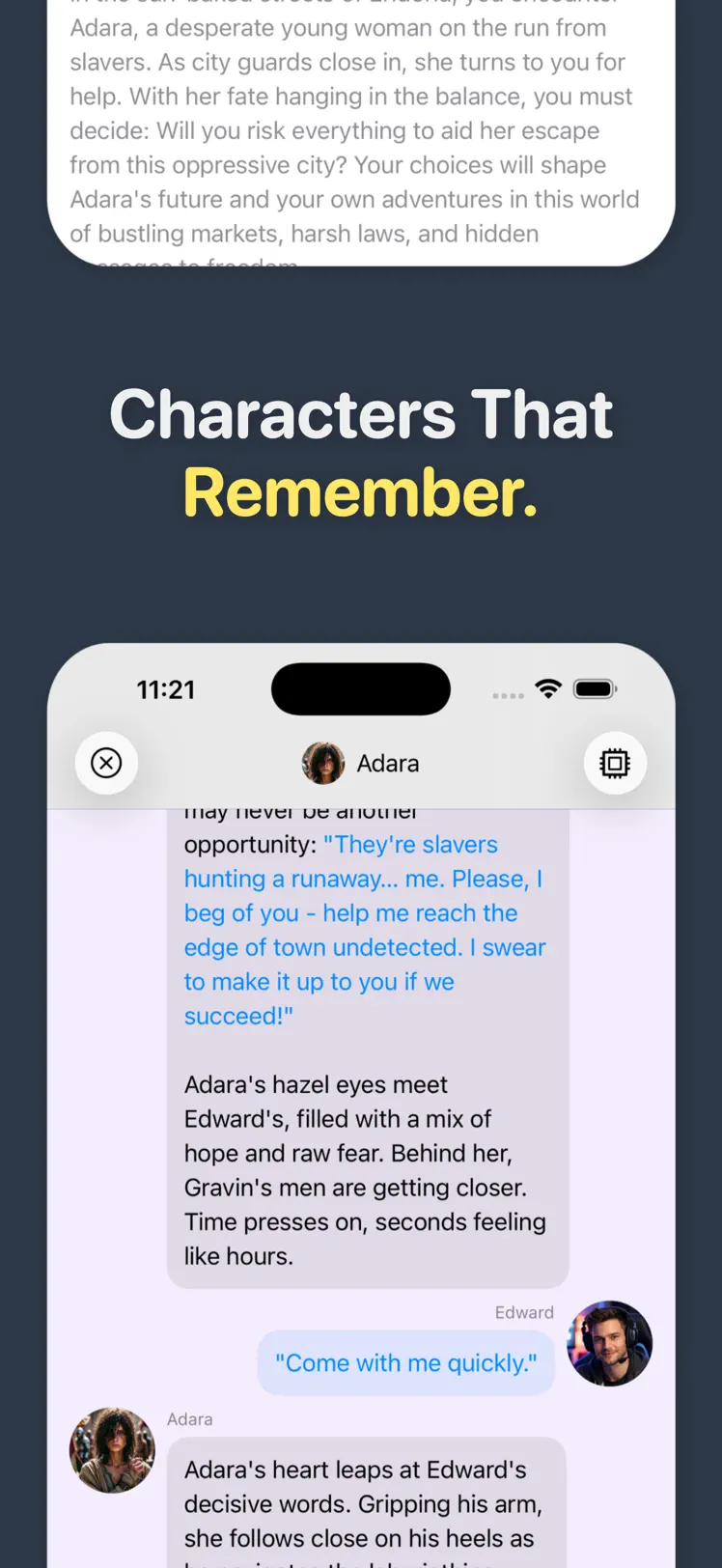 A long PersonaChat conversation where the character Adara references earlier story events accurately, captioned Characters That Remember